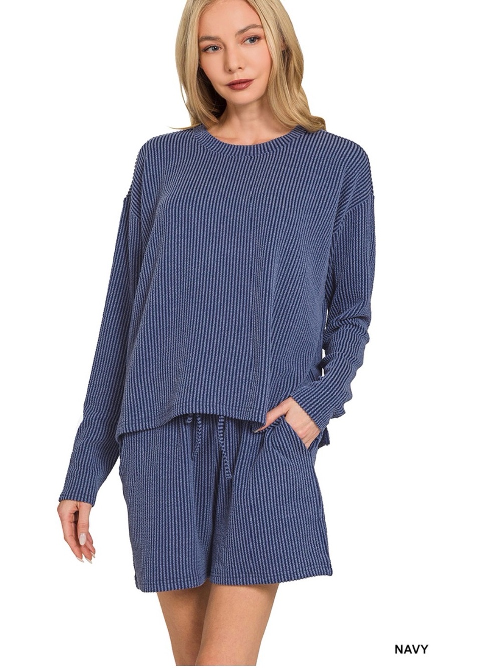 RAISED RIB LONG SLEEVE TEE & SHORTS SET